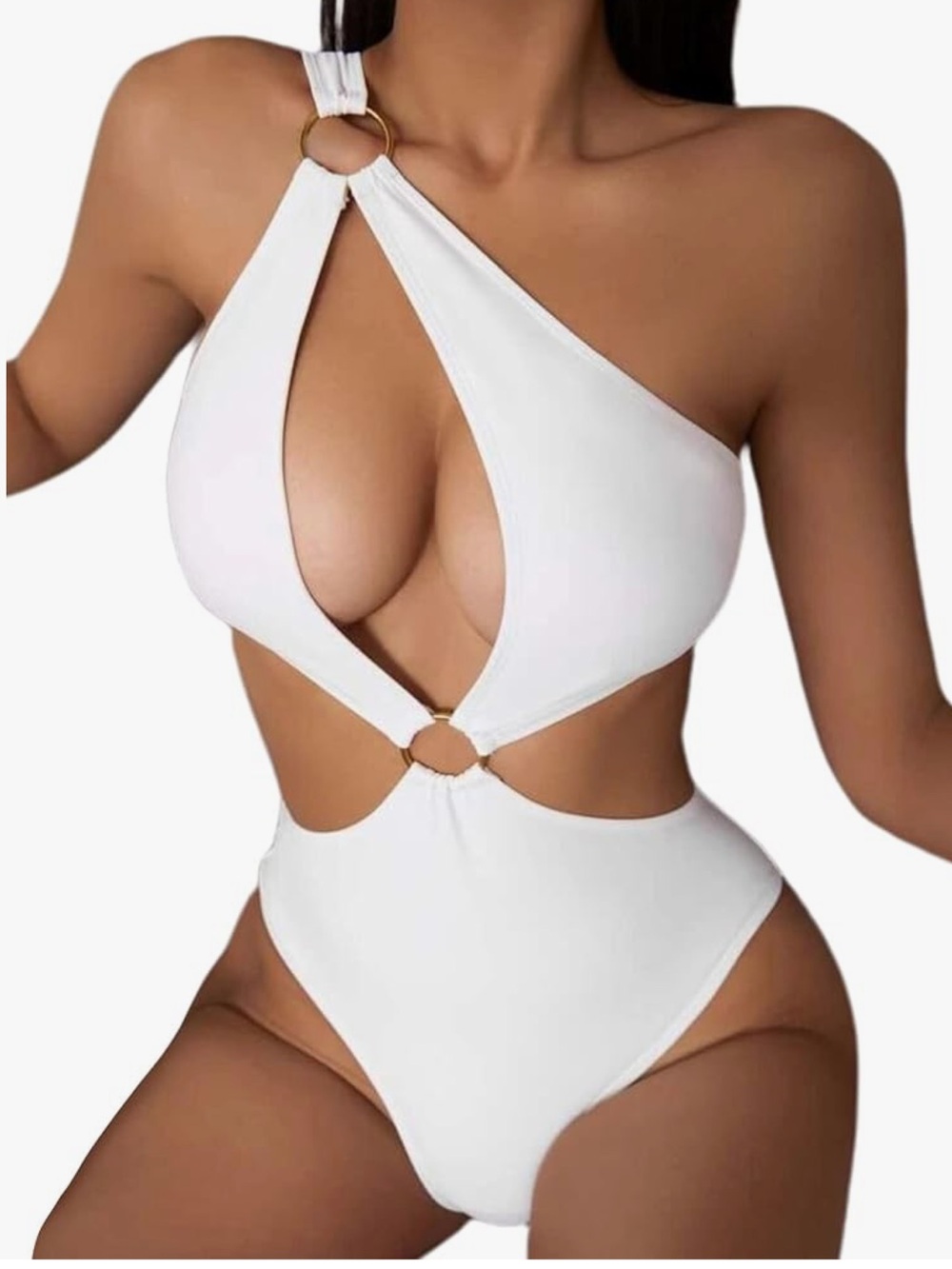 White One-Shoulder Cutout Ring One-Piece Swimsuit